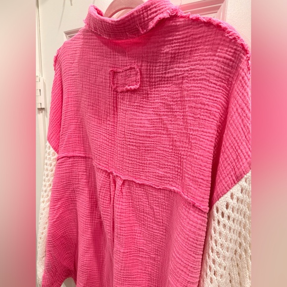 POL Pink Button-Down Shirt with Cream Crochet Sleeves. New No Tags Size L - Picture 6 of 8